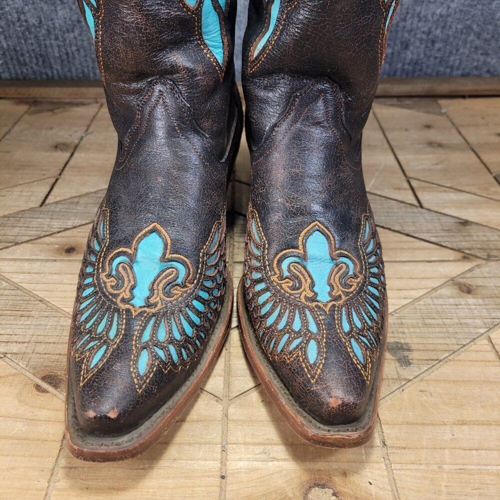 Corral Boots Womens 6.5M Turquoise Inlay Fleur De Lis Wings Cowboy Brown R2458 - Picture 4 of 13